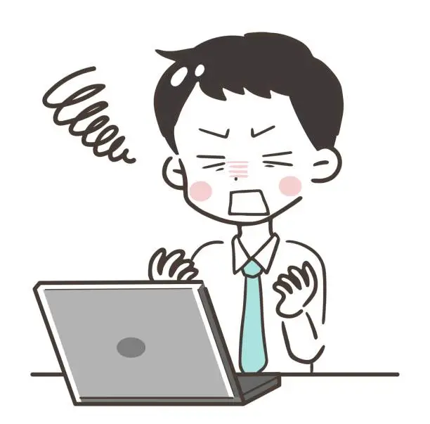 Vector illustration of Illustration of a man with a troubled face working on a computer