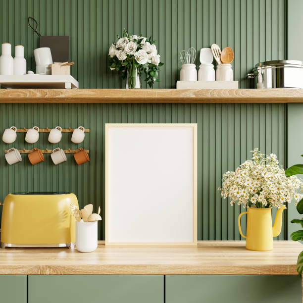 istock Mockup poster frame in kitchen interior on empty green color wall background 2116432583