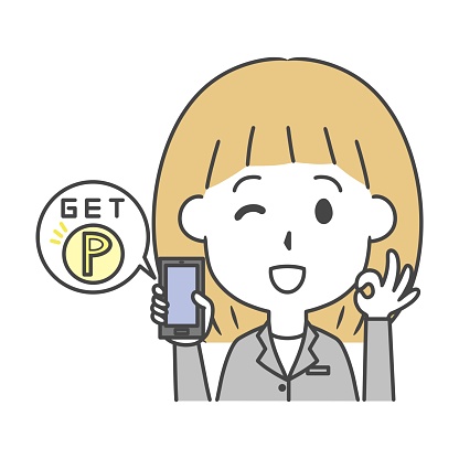 It is an illustration of a woman in suit who happy to get points on her smartphone.