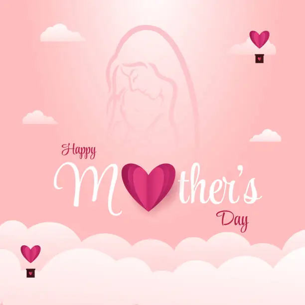 Vector illustration of Happy Mothers Day May 10th with 3d heart and silhouette of baby and mother illustration
