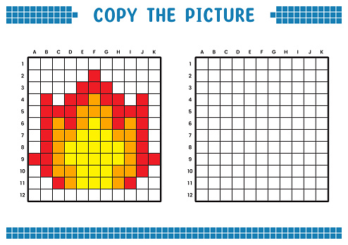Copy the picture, complete the grid image. Educational worksheets drawing with squares, coloring areas. Children's preschool activities. Cartoon vector, pixel art. Burning fire symbol illustration.