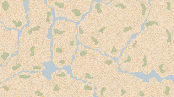 Generic city map with signs of streets, roads and house. Abstract navigation plan of urban area. Simple scheme of city. Colored flat vector illustration. Navigation concept