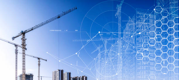 istock Construction technology banner background. Construction site with cranes, fittings and concrete. 2116478705