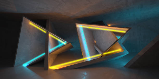 istock Abstract empty dark concrete interior with glowing lines neon lights 2116479717