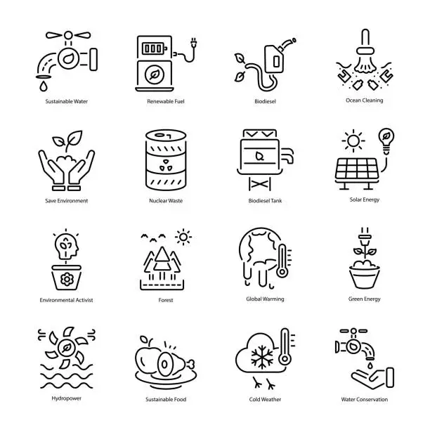 Vector illustration of Trendy Linear Icons Depicting Sustainable Practices