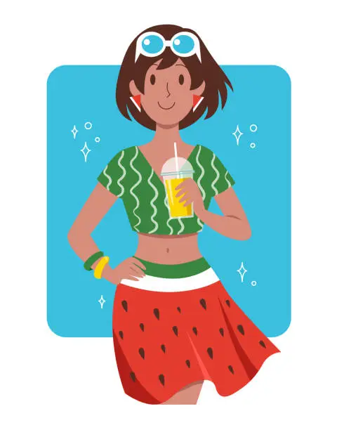 Vector illustration of Flat vector illustration of Asian young woman character in watermelon outfit holding juice in hand.