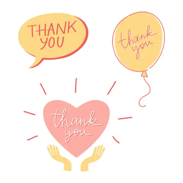 Vector illustration of Set of thank you hand lettering phrases on colorful background.