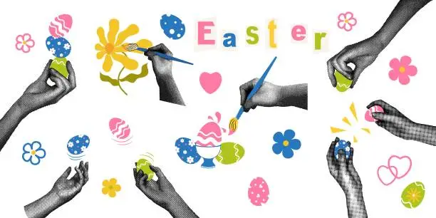 Vector illustration of Trendy halftone collage. Set of hands with dyed eggs for Easter holiday. Easter greeting. Social media communication, invitation template, greetings.