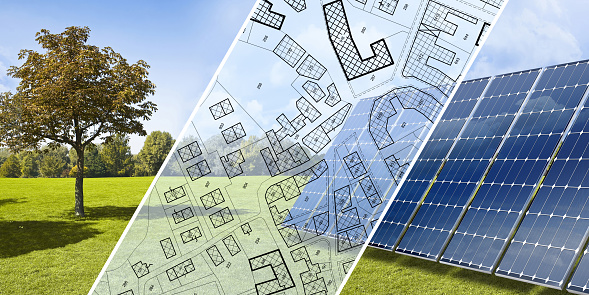 Installation of photovoltaic park on land and urban planning - Ground-mounted photovoltaic system in a rural scene - Concept with imaginary Cadastral and General Urban Planning