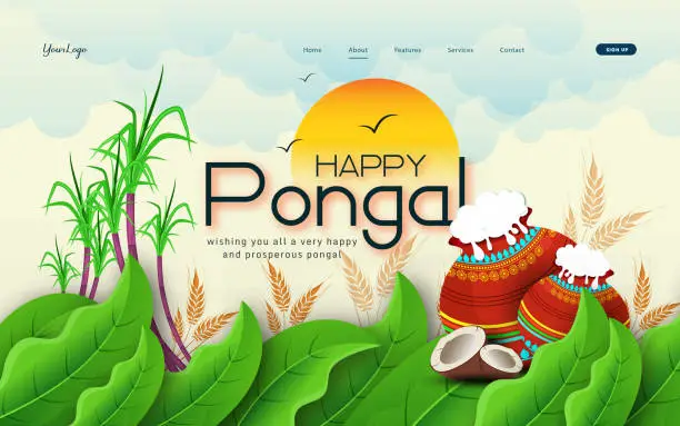 Vector illustration of Happy Pongal Holiday Harvest Festival of Tamil Nadu South India web page design