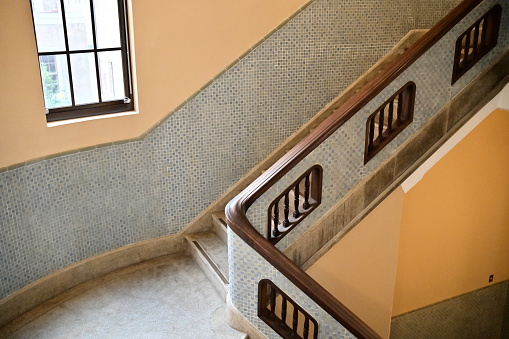 Taiwan - Jan 16, 2024: The Taiwan Memorial Hall staircase blends classicism and modernism, reflecting Taiwan's early 20th century cultural fusion (spiral rail, clean lines).