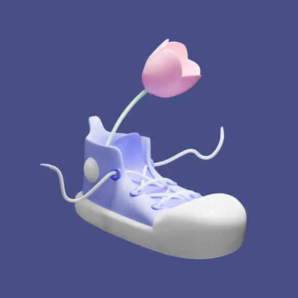 Vector illustration of Stylized 3D render sneaker with tulip on a purple background. Vector illustration for design posters, social media of walking, shopping and selling
