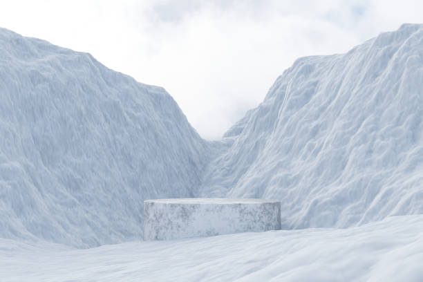 istock 3d render winter platform and natural mockup background, Stone podium on the ice snow mountain, Backdrop sky and cloud 2116552809