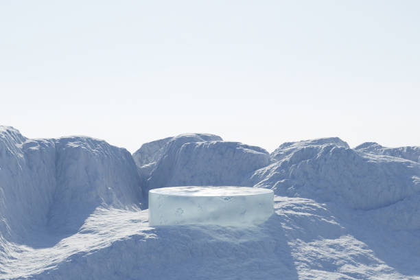istock 3d render winter platform and natural mockup background, Stone podium on the ice snow mountain, Backdrop sky and cloud 2116552811