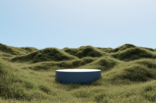 Abstract 3d render platform and mockup natural background, Stone podium on the grass field backdrop meadow mountain for product stand display, advertising, cosmetic or etc