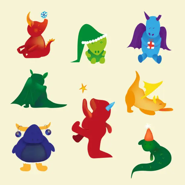 Vector illustration of Set of cute little colorful dragons doing different things. Vector creatures for your brand identity, designs, postcards, patterns, and posters.