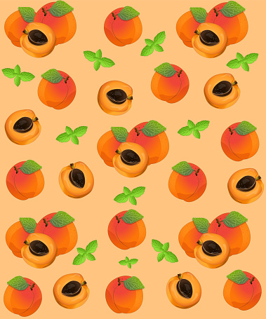 summer pattern peach fruit .Colorful hand drawn patchwork flat cartoon seamless pattern. Handmade patch work quilt style background for textile concept or fun modern backdrop design.