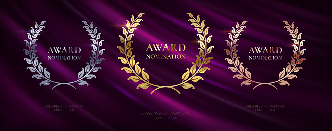 Laurel wreathes for award nominations realistic vector illustration set. Golden silver and bronze prizes 3d models on purple curtain background