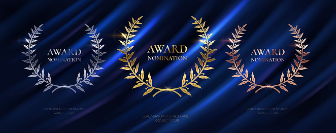 Laurel wreathes for award nominations realistic vector illustration set. Golden silver and bronze prizes 3d models on blue curtain background
