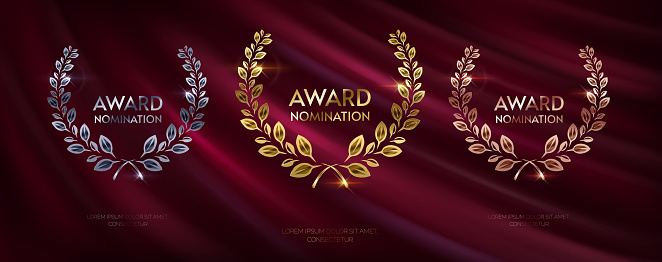 Laurel wreathes for award nominations realistic vector illustration set. Golden silver and bronze prizes 3d models on red curtain background