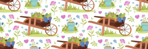 Vector illustration of Garden decorative wheelbarrow pattern. Spring Holiday decorated cart and houseplant in pot.