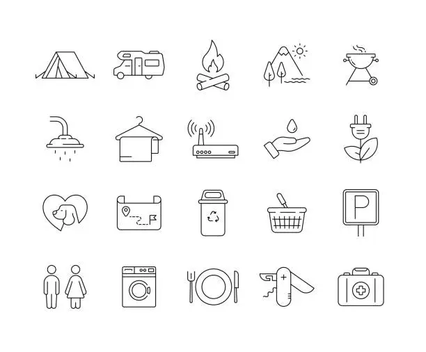 Vector illustration of Summer Camp Line Icon Set with Editable Stroke