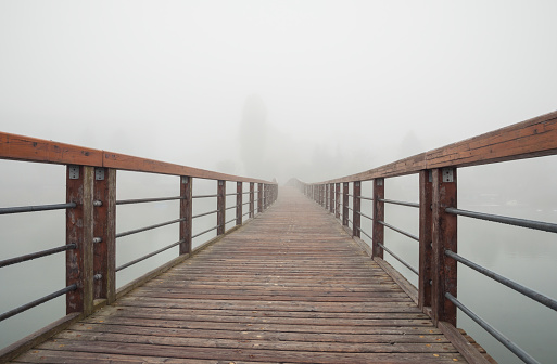 A wooden boardwalk with hand railings over a lake in the fog. Wooden walkway over still water. The walkway curves away from the viewer to the left, disappearing into the fog. Few trees in background.