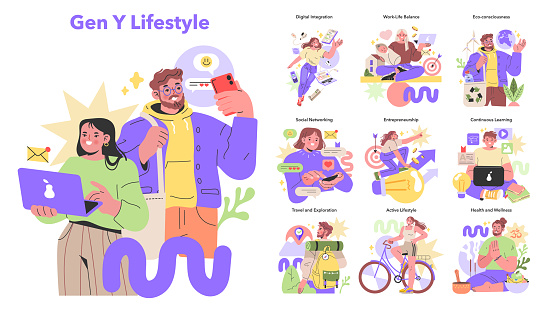 Generation Y set captures the multifaceted lifestyle of young adults. Digital fluency, work-life harmony, and sustainability blend in vivid daily scenes. Vector illustration