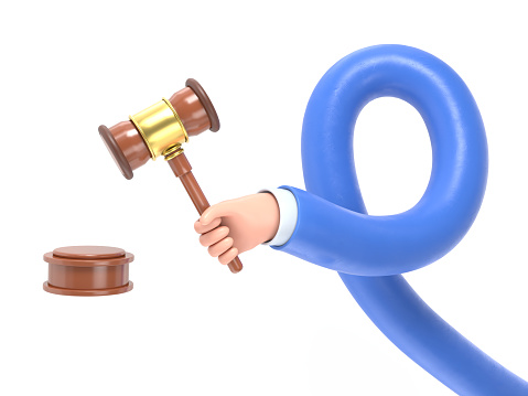 Cartoon Gesture Icon Mockup.Justice. Hand holding judges gavel. 3D illustration flat style design. Symbol of law. Businessman in a suit holds an auction.long arms concept.