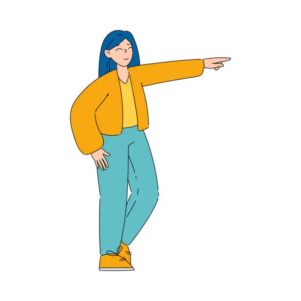 Vector illustration of Smiling Woman Looking at Something Interesting Pointing Finger at It Vector Illustration