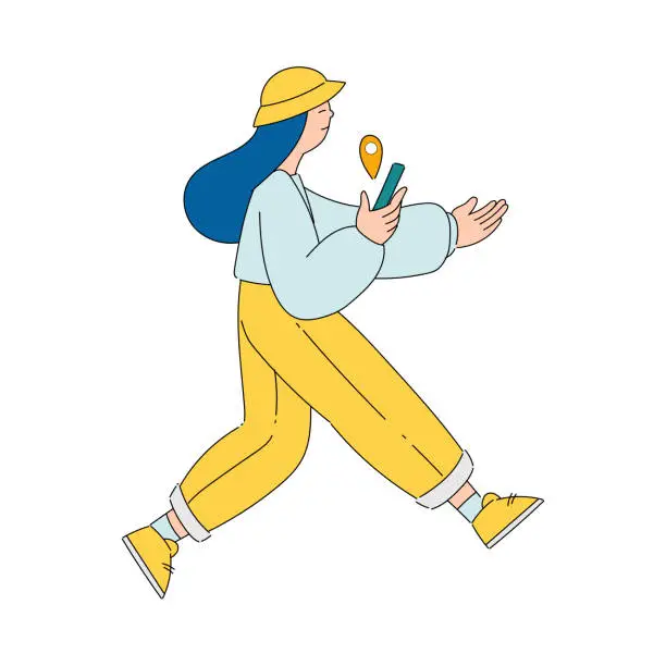 Vector illustration of Woman with Smartphone Walking Looking Far at Something Interesting Vector Illustration