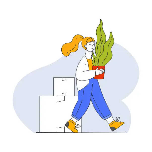 Vector illustration of Woman Carrying Houseplant in Pot During Relocation Vector Illustration