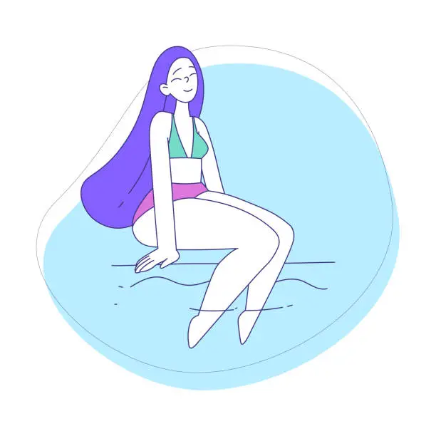 Vector illustration of Woman Character at Beach Sunbathing Sitting Splashing in Pool Water Vector Illustration