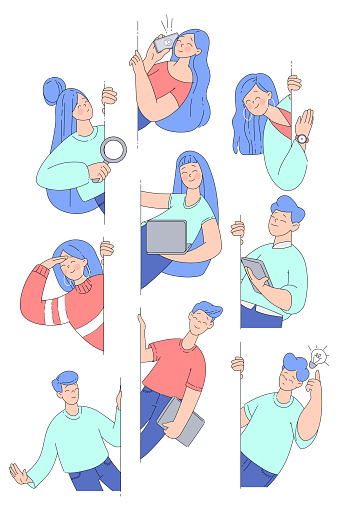 Happy People Character Looking from Corner with Marketing Symbol Vector Set. Young Smiling Male and Female Peeking and Searching