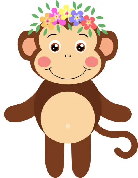 Vector illustration of Adorable monkey with wreath floral on head