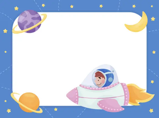 Vector illustration of Note Card with Cute Kid Astronaut Character in Space Suit Vector Template
