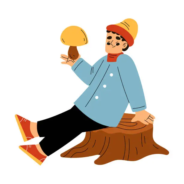 Vector illustration of Cute Boy Character Enjoy Autumn Season Sit on Tree Stump with Mushroom Vector Illustration