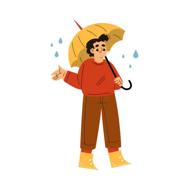 Vector illustration of Cute Boy Character Enjoy Autumn Season Walking with Umbrella Vector Illustration