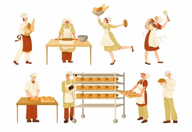 Vector illustration of Man and Woman Bread Bakers in Uniform and Toque Baking Pastry Vector Set