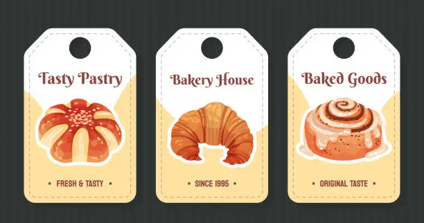 Vector illustration of Tags with Baked Product and Sweet Pastry Vector Template