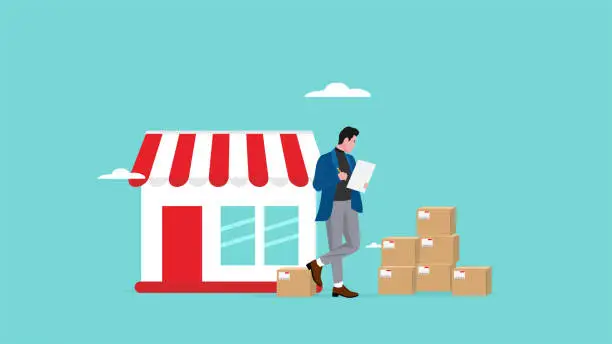 Vector illustration of Product Distribution Franchising, checking stock of goods from franchise businesses, businessman stands next to a franchise shop while checking the availability of raw goods
