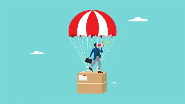 Vector illustration of dropshipping business marketing strategy, promotion on the drop shipping business, businessman promotes his drop shipping business using a megaphone while riding a flying parachute with package