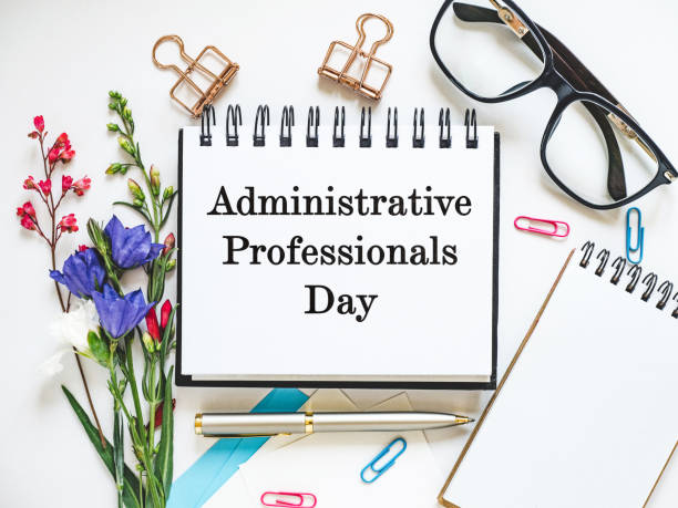 istock Happy Administrative Professionals Day. Notepad with congratulatory inscriptions 2116651724