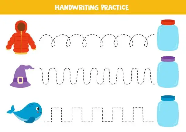 Vector illustration of Tracing lines for kids. Cute cartoon colorful jars and items. Handwriting practice.