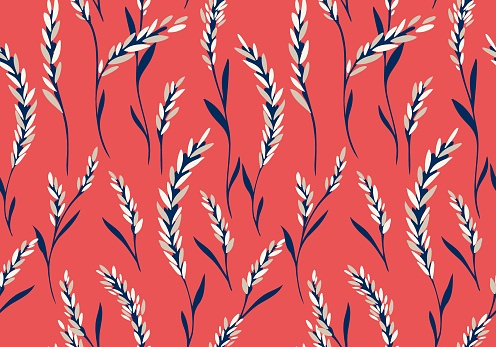 Creative simple branches cereals seamless pattern on a red background. Hand drawn vector sketch. Abstract plants printing. Template for designs, fabric, wallpaper, surface design