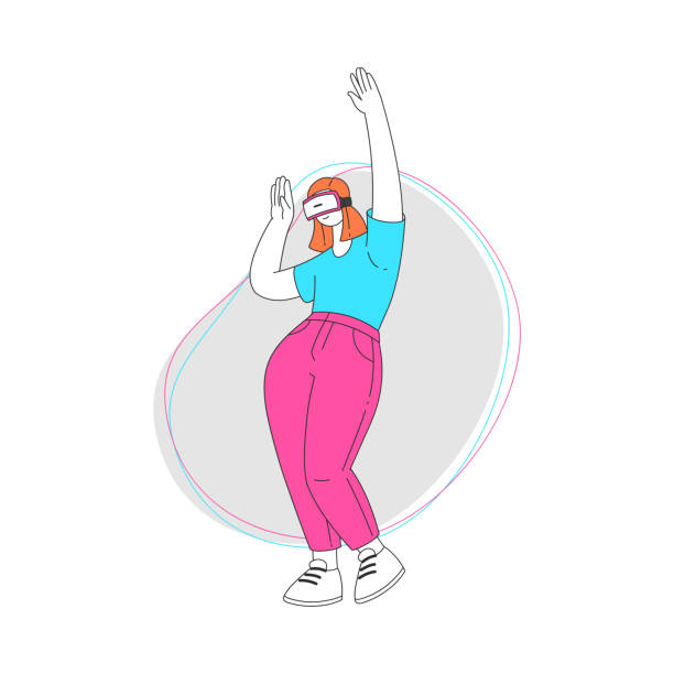 istock Young Woman Wearing Augmented Reality Glasses Standing with Raised Hands Vector Illustration 2116661223