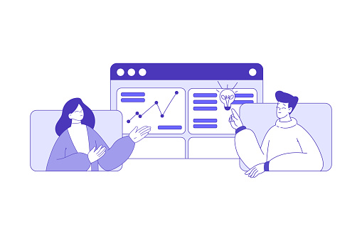 Business Man and Woman Character in Window Meeting Online Discuss Strategy Vector Illustration. Young Male and Female Engaged in Network Remote Communication