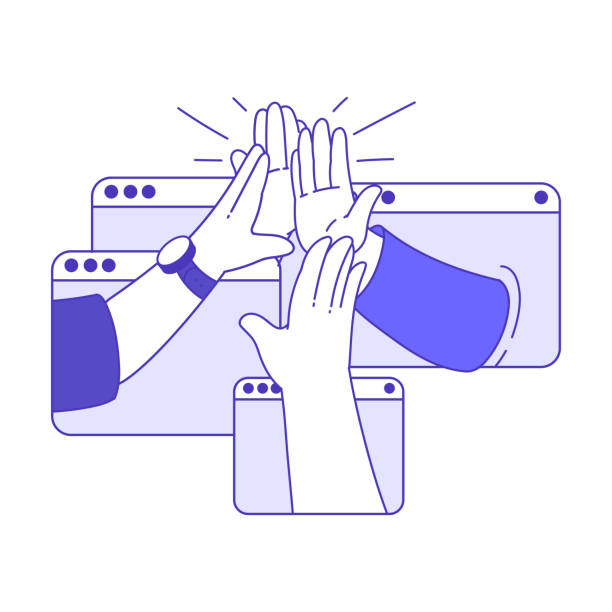 ilustrații de stoc cu mâini care dau high five gesture în fereastra web ca întâlnire de afaceri online ilustrație vectorială - telemuncă