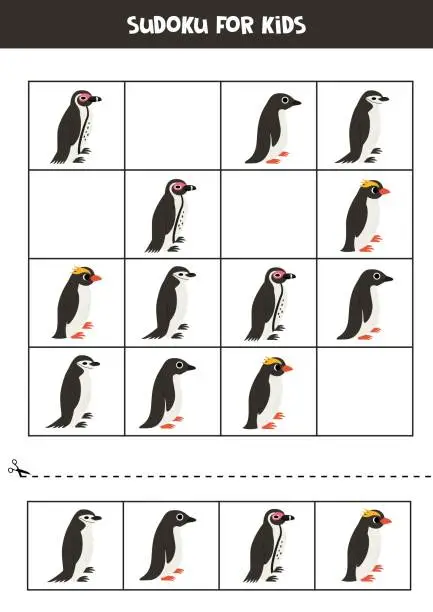 Vector illustration of Educational Sudoku game with cute cartoon penguins.