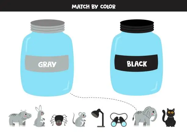 Vector illustration of Color Matching game for kids. Learning basic colors. Sort objects by color. Gray or black.